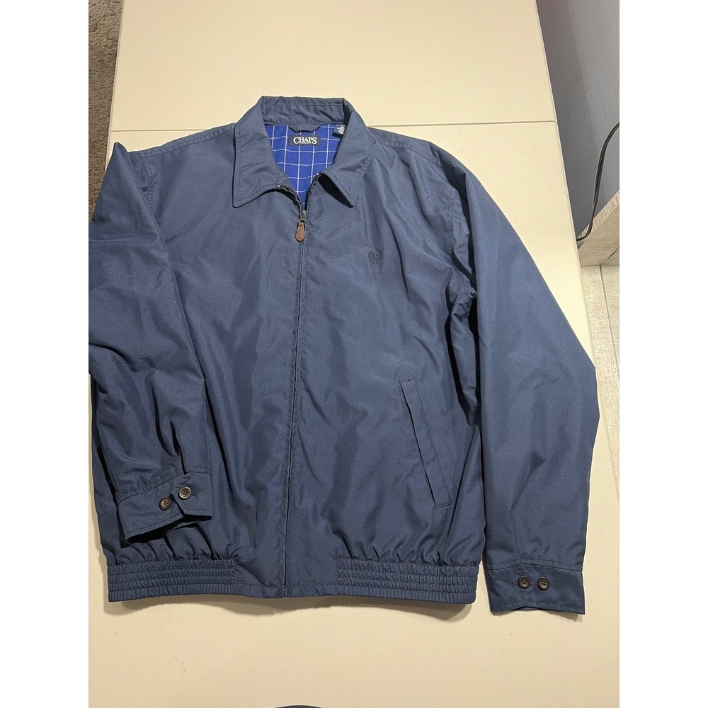 Chaps Mens Harrington Jacket Navy Blue Plaid Lined Full Zip Coat Large L/G